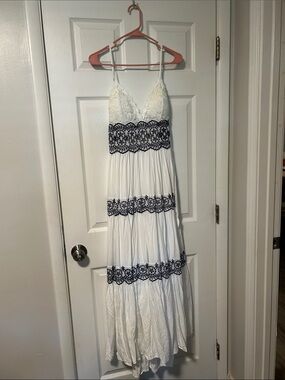 White Maxi Dress with Navy Lace Accents - Spaghetti Strap Summer Dress
